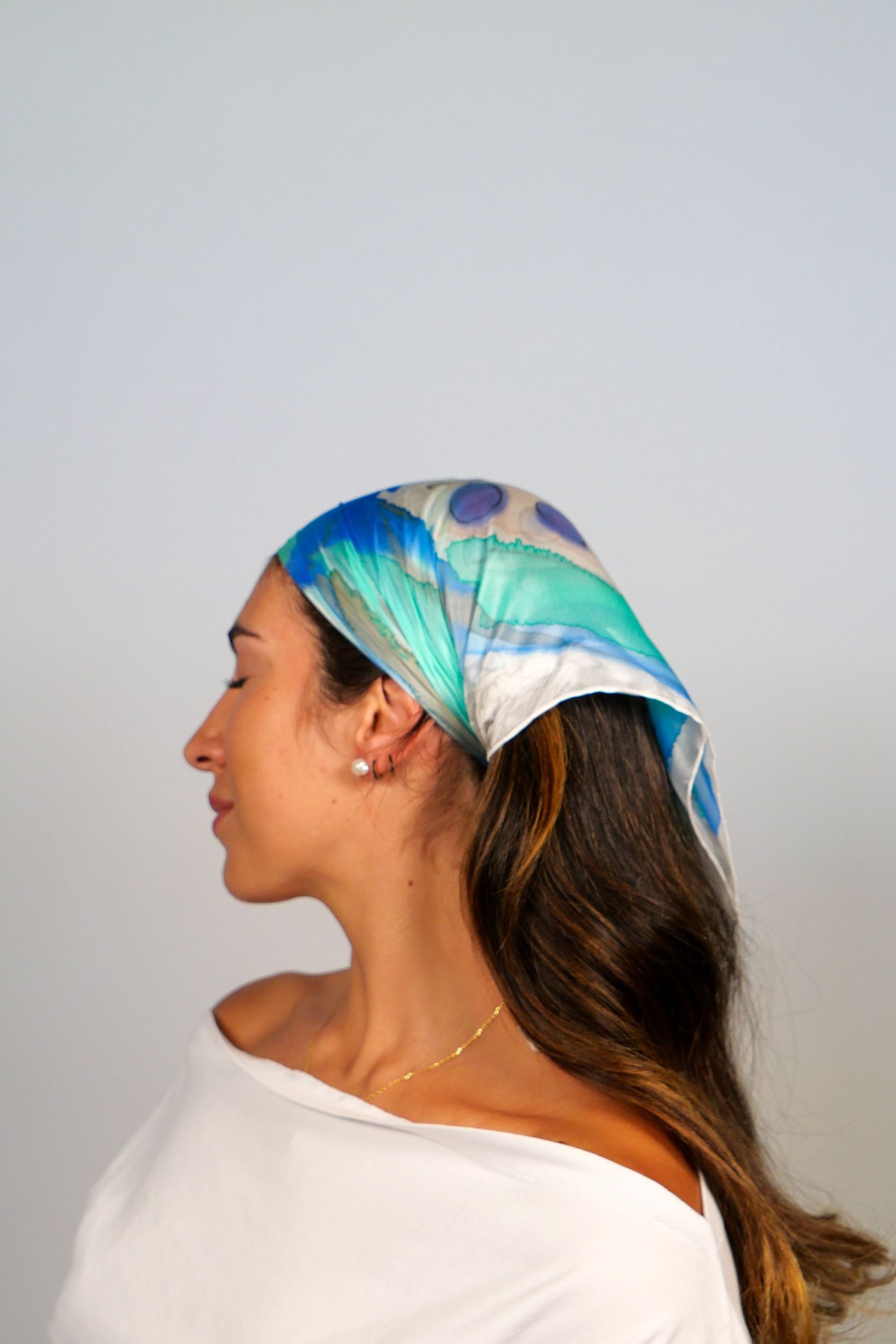 Calceolaria Sky Blue Hand Painted Silk Scarf Square