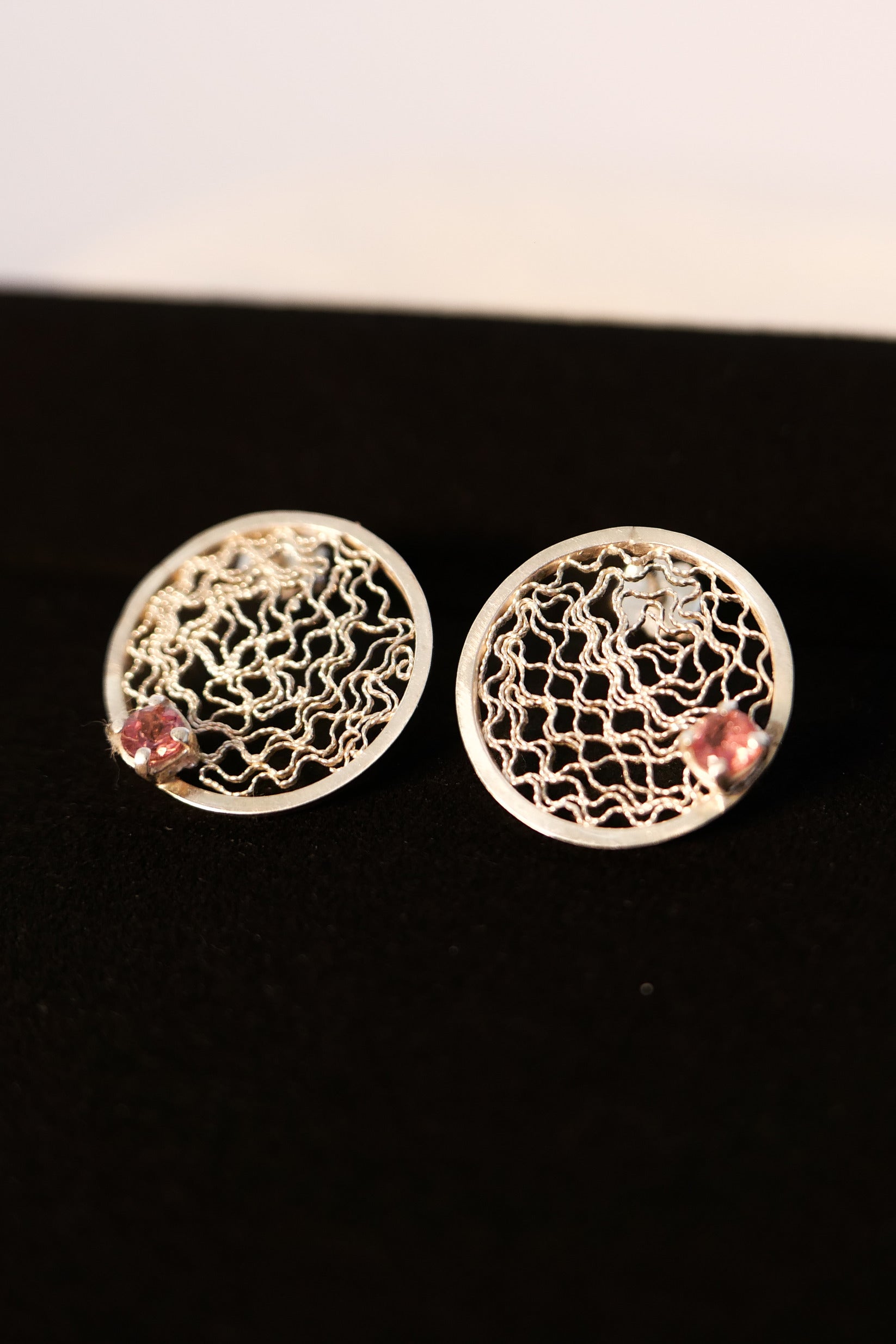 Earrings Filigree Pink Tourmaline Fine Silver Shirley Blanch