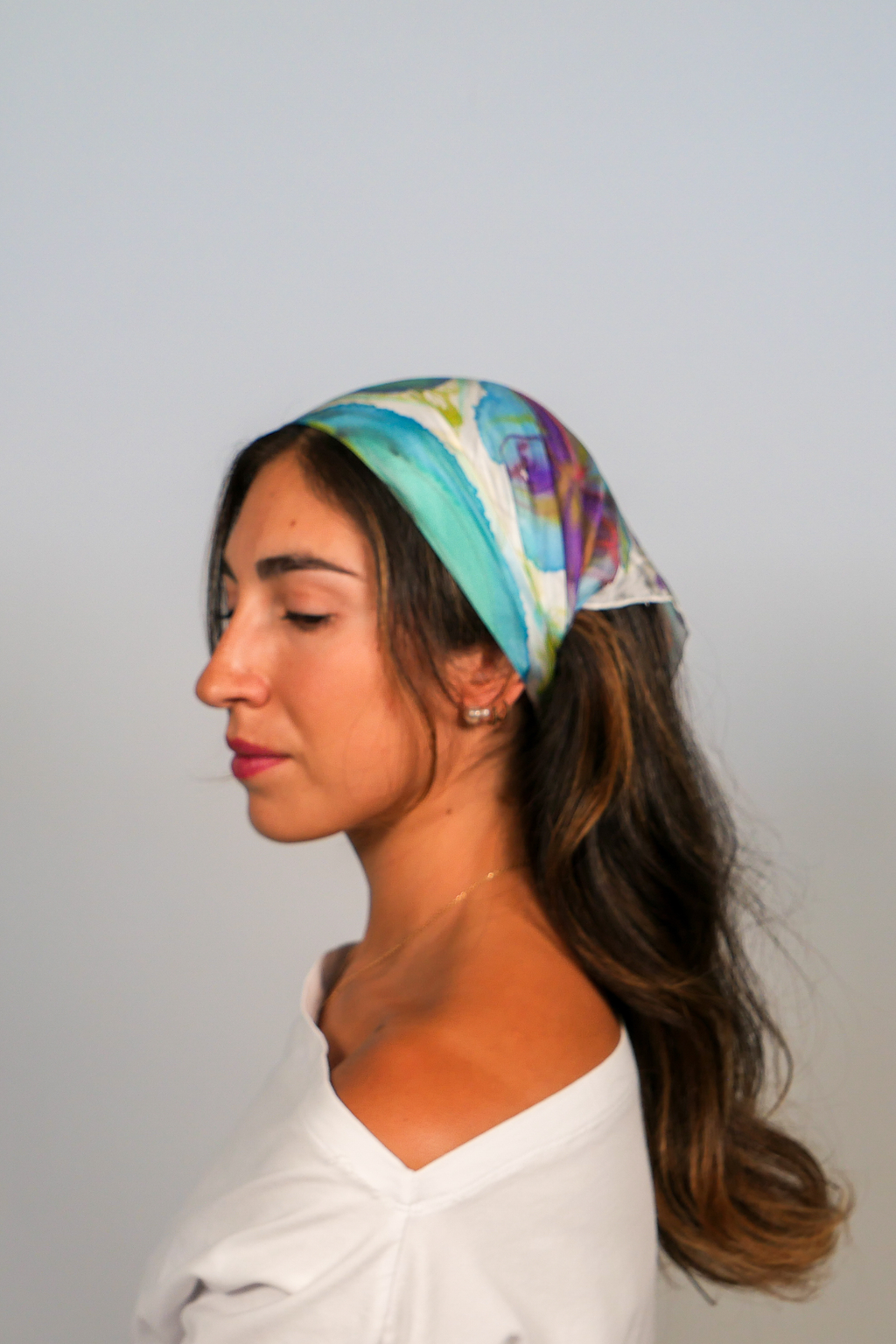 Chagual Turquoise Hand Painted Silk Scarf Square