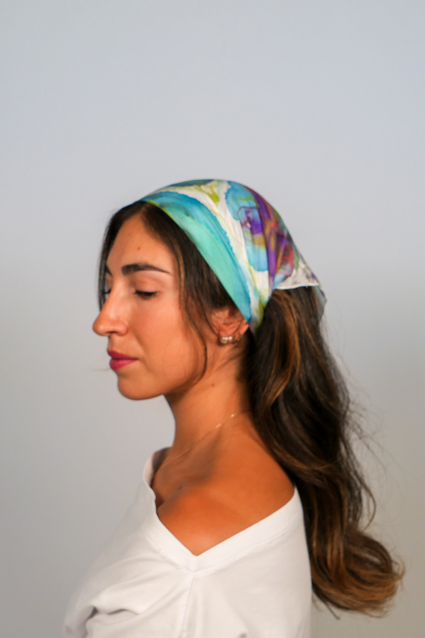 Chagual Turquoise Hand Painted Silk Scarf Square